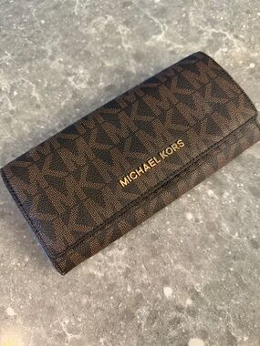 Michael Kors Dark Brown Signature Logo Continental Wallet with Gold Hardware